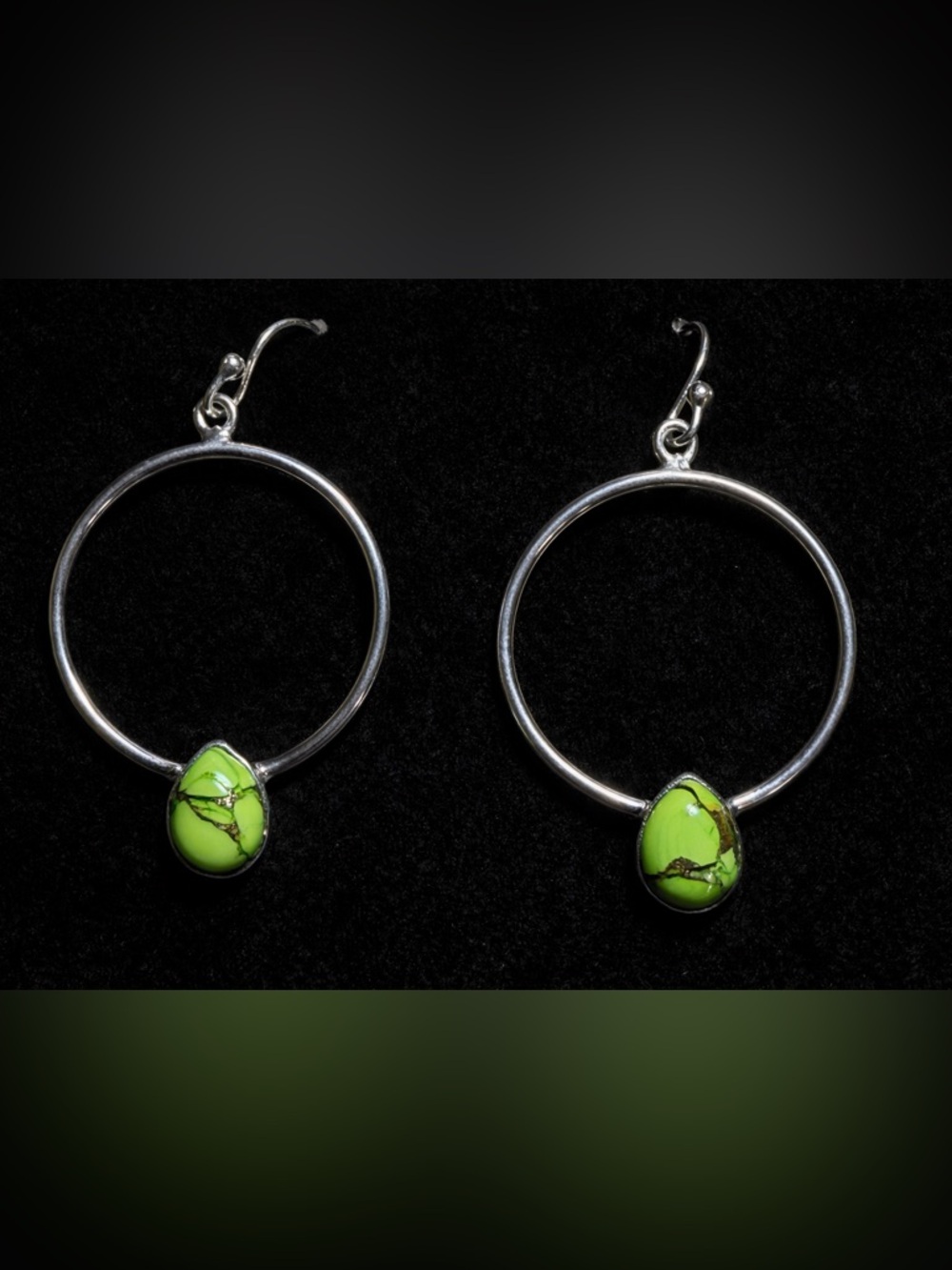 Sterling Silver Green Turquoise Hoop Earrings Statement Western Boho
